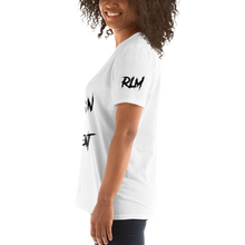 Load image into Gallery viewer, RLM Short-Sleeve Woman’s White T-Shirt (Lion head on back w/RLM letters on sleeve)